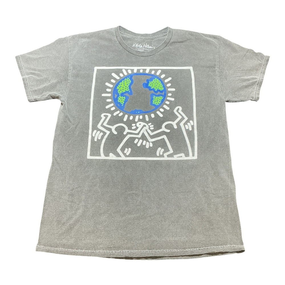 Keith Haring Gray Acid Wash Graphic T-Shirt Earth Heart Art Mens Large